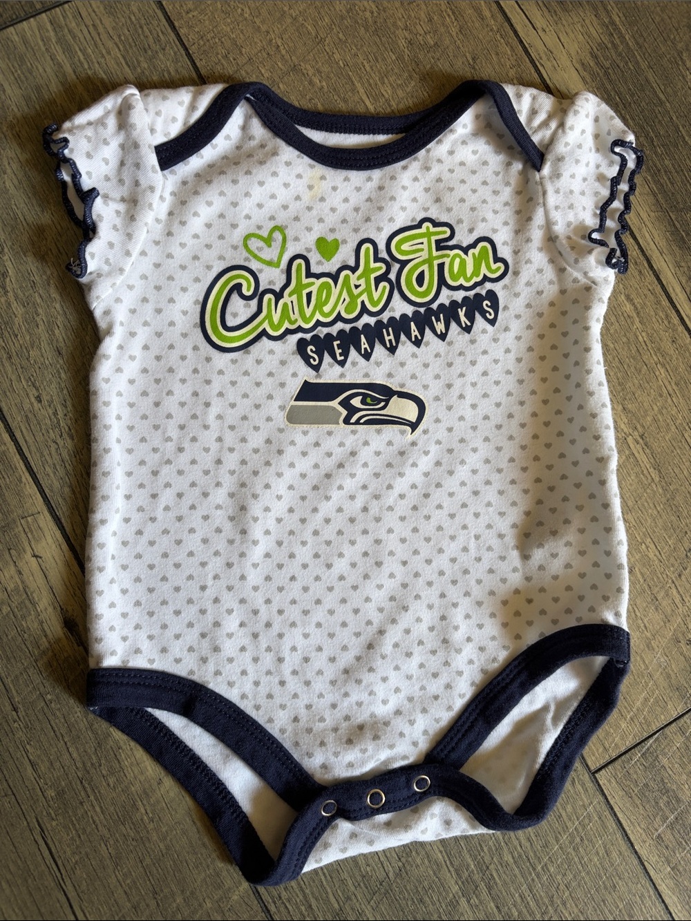 Cutest Fan Seahawk Baby One-Piece in White & Navy with Lime Accents